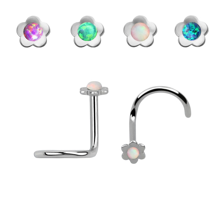 Surgical Steel Corkscrew Nose Ring with 1.5mm Opal Flower - Pierced Universe