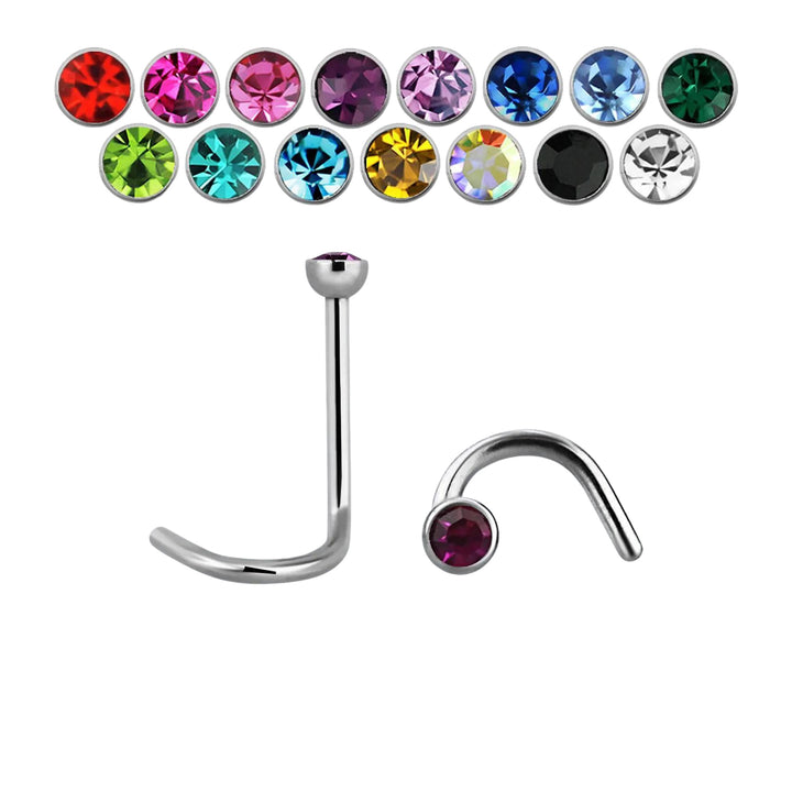 Surgical Steel Nose Corkscrew Ring with 2mm Half Ball CZ Gem Stud - Pierced Universe