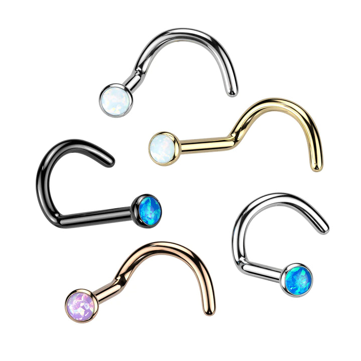 Implant Grade Titanium Gold PVD Corkscrew Nose Ring with White Opal - Pierced Universe