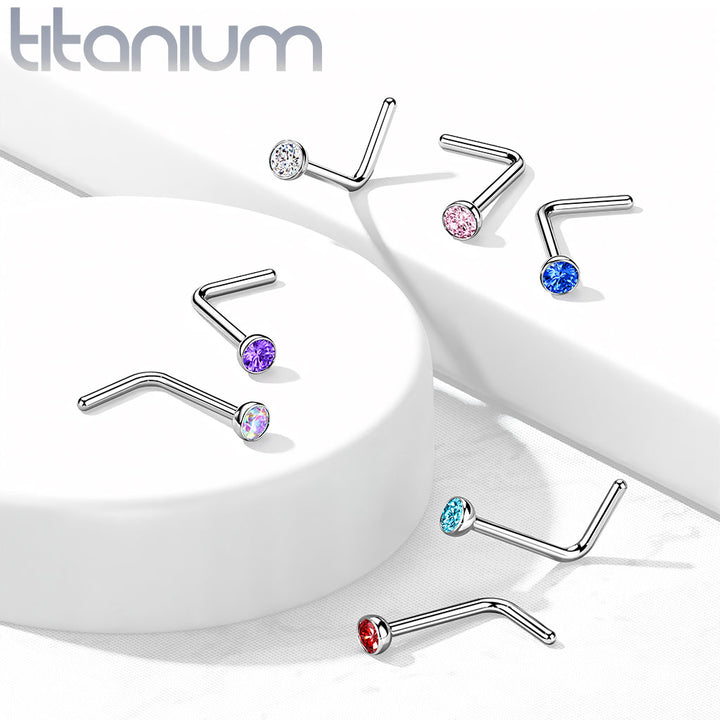 Implant Grade Titanium L-Shape Aqua CZ Nose Ring Stud - Pierced Universe