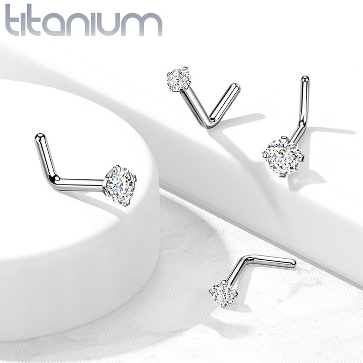 Implant Grade Titanium White CZ Prong L Shape Nose Stud - Pierced Universe