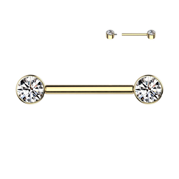 Implant Grade Titanium Gold PVD Nipple Barbell With Internally Threaded White CZ Gems Implant Grade Titanium Gold PVD Nipple Barbell With Internally Threaded White CZ Gems