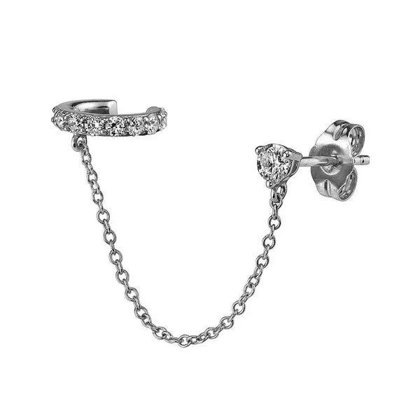 925 Sterling Silver Chain Connected CZ Stud With Faux Cartilage Conch Hoop - Pierced Universe