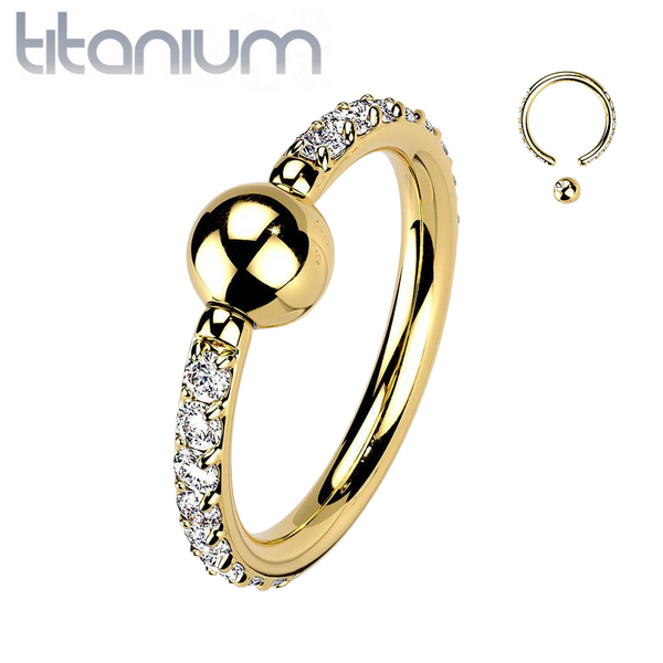 Implant Grade Titanium Gold PVD White CZ Pave CBR Hoop Ring - Pierced Universe