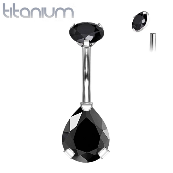 Implant Grade Titanium Internally Threaded Pear Teardrop Black CZ Belly Ring Implant Grade Titanium Internally Threaded Pear Teardrop Black CZ Belly Ring
