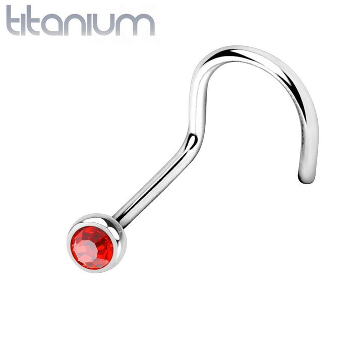 Implant Grade Titanium Corkscrew Bezel Red CZ Gem Nose Pin Ring - Pierced Universe