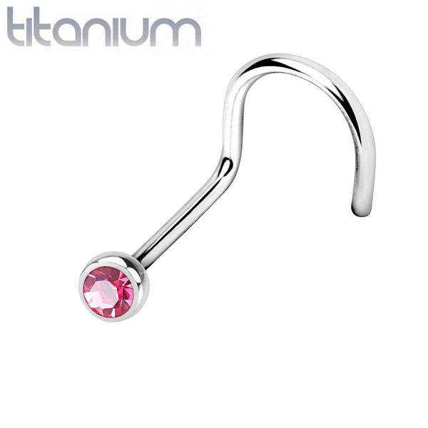 Implant Grade Titanium Corkscrew Bezel Pink CZ Gem Nose Pin Ring - Pierced Universe