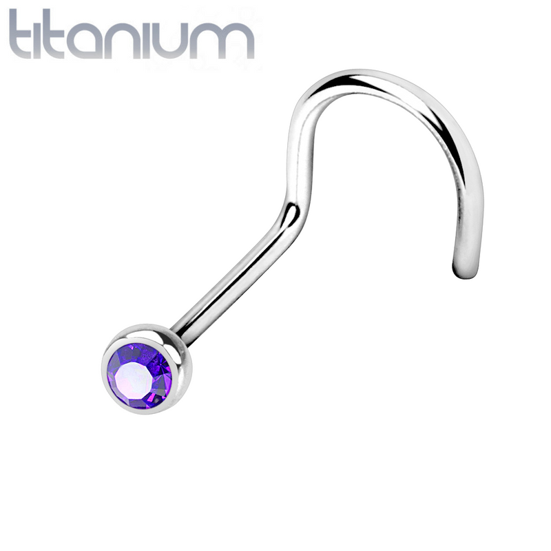 Implant Grade Titanium Corkscrew Bezel Purple CZ Gem Nose Pin Ring - Pierced Universe