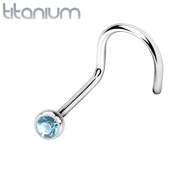 Implant Grade Titanium Corkscrew Bezel Aqua CZ Gem Nose Pin Ring - Pierced Universe