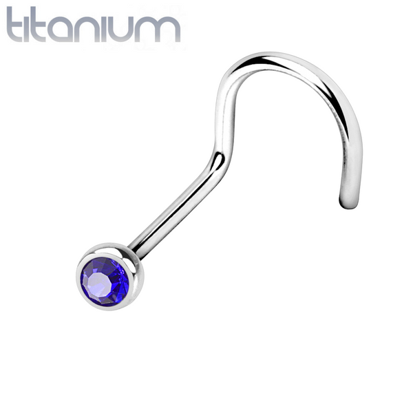 Implant Grade Titanium Corkscrew Bezel Blue CZ Gem Nose Pin Ring - Pierced Universe