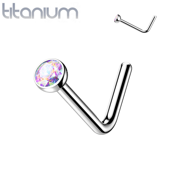Implant Grade Titanium L-Shape Aurora Borealis CZ Nose Ring Stud - Pierced Universe