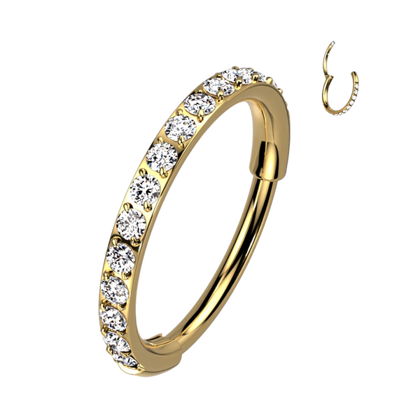 316L Surgical Steel Gold PVD Pave White CZ Nose Hoop Hinged Clicker Ring - Pierced Universe
