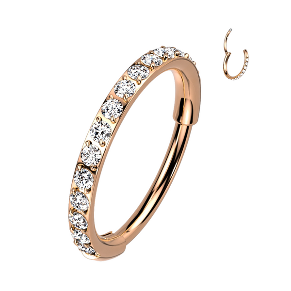 316L Surgical Steel Rose Gold PVD Pave White CZ Nose Hoop Hinged Clicker Ring - Pierced Universe