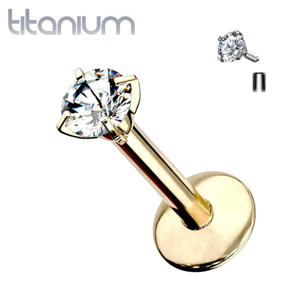 Implant Grade Titanium Internally Threaded Gold PVD Plated White CZ Labret - Pierced Universe