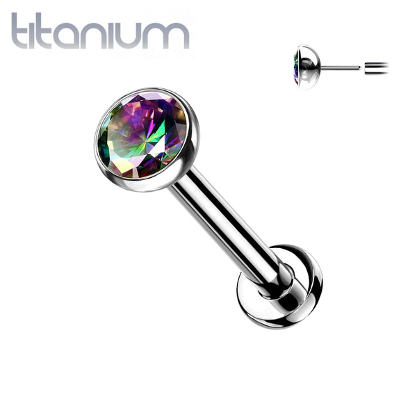 Implant Grade Titanium Threadless Push In Nose Ring Bezel Vitrail Medium CZ With Flat Back - Pierced Universe