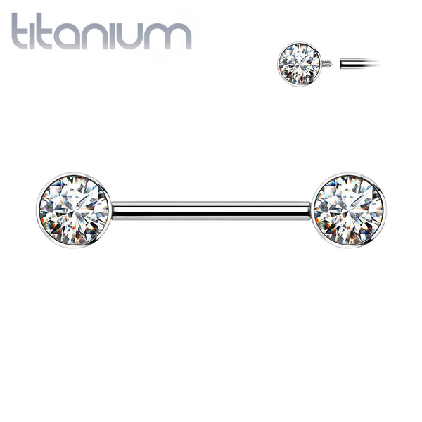 Implant Grade Titanium Nipple Barbell With Internally Threaded White CZ Gems - Pierced Universe