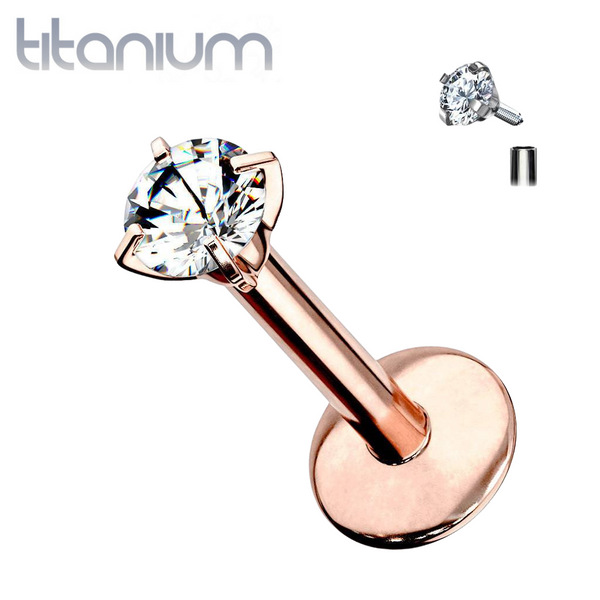 Implant Grade Titanium Internally Threaded Rose Gold PVD Plated White CZ Labret - Pierced Universe