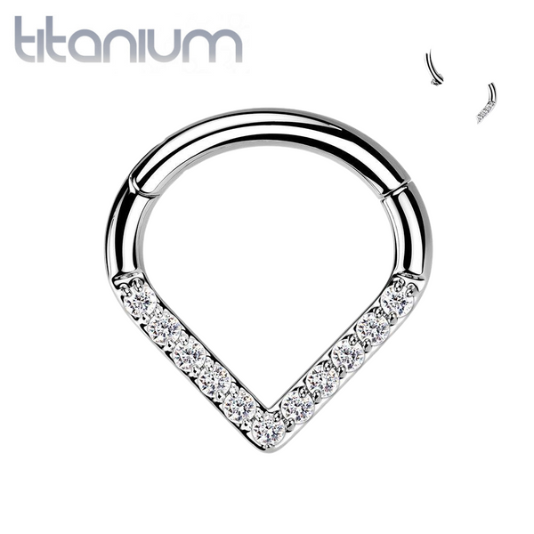 Implant Grade Titanium V Shaped Septum Ring Clicker Hoop White CZ Gems - Pierced Universe