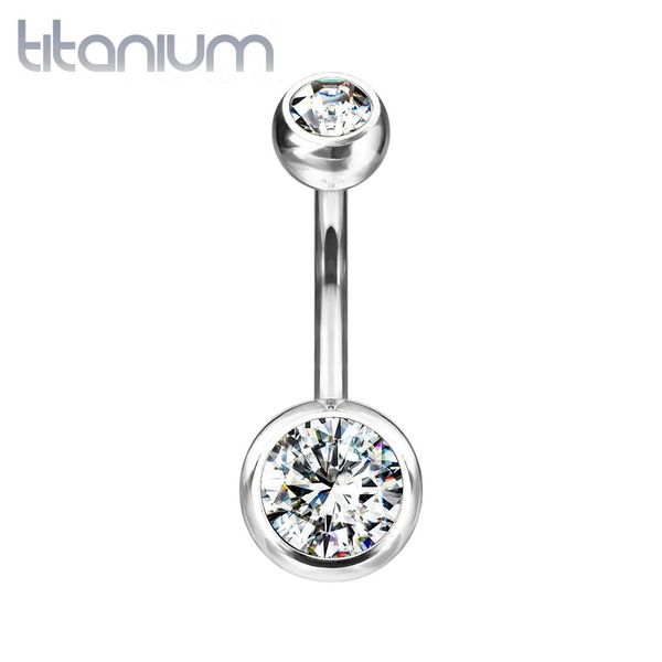 Implant Grade Titanium Double Ball White CZ Gem Belly Ring - Pierced Universe