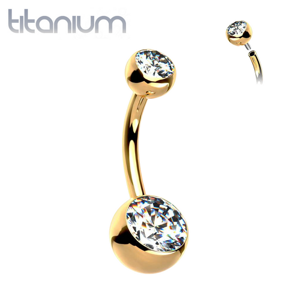 Implant Grade Titanium Gold PVD Double Ball White CZ Gem Belly Ring - Pierced Universe