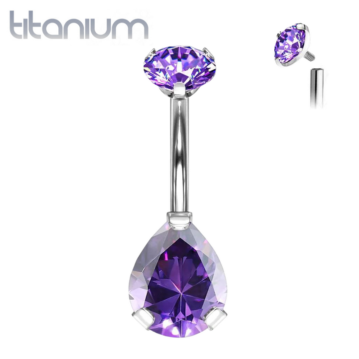 Implant Grade Titanium Internally Threaded Pear Teardrop Purple CZ Belly Ring - Pierced Universe