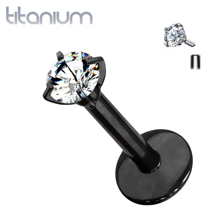 Implant Grade Titanium Internally Threaded Black PVD Plated White CZ Labret - Pierced Universe