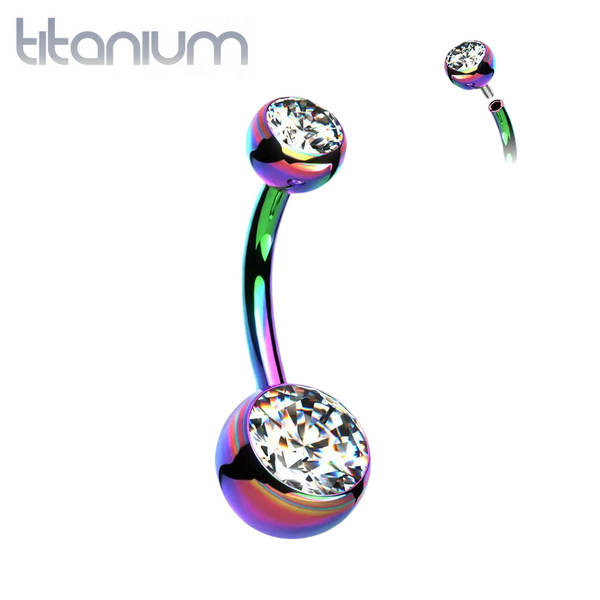Implant Grade Titanium Rainbow PVD Double Ball White CZ Gem Belly Ring - Pierced Universe