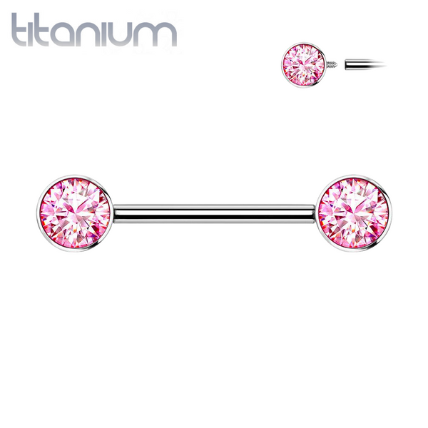 Implant Grade Titanium Nipple Barbell With Internally Threaded Pink CZ Gems - Pierced Universe