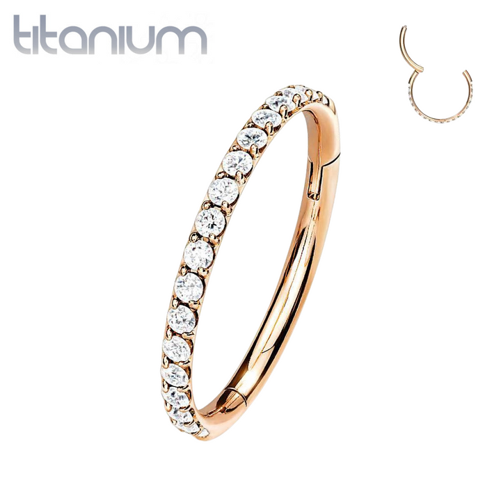 Implant Grade Titanium Rose Gold PVD Easy Hinged White CZ Pave Clicker Hoop - Pierced Universe