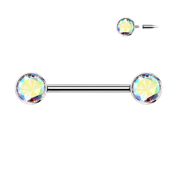 Implant Grade Titanium Nipple Barbell With Internally Threaded Aurora Borealis CZ Gems - Pierced Universe