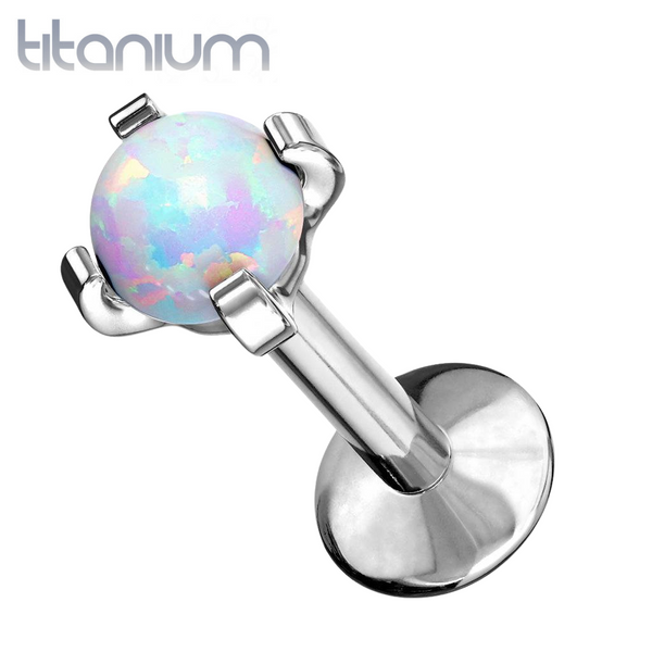 Implant Grade Titanium White Opal Flat Back Internally Threaded Labret Cartilage Tragus Ring - Pierced Universe