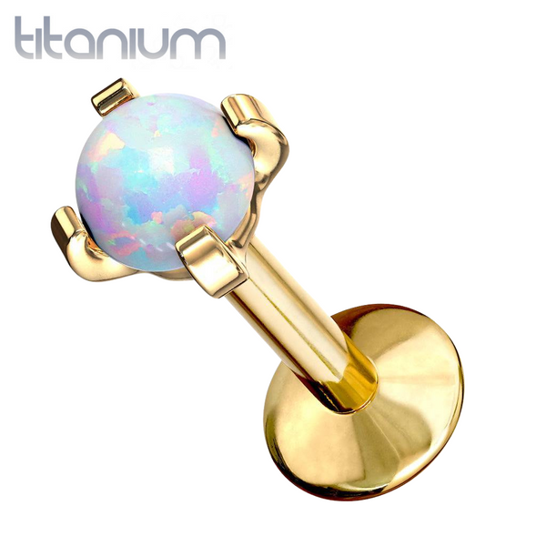 Implant Grade Titanium Gold PVD White Opal Flat Back Internally Threaded Labret Cartilage Tragus Ring - Pierced Universe