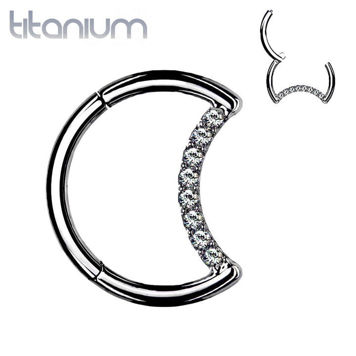 Implant Grade Titanium Crescent Moon White CZ Hinged Clicker Hoop Daith Cartilage Ring - Pierced Universe