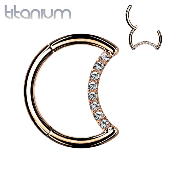 Implant Grade Titanium Crescent Moon Rose Gold PVD White CZ Hinged Clicker Hoop Daith Cartilage Ring - Pierced Universe