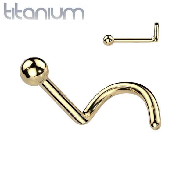 Implant Grade Titanium Gold PVD Ball Top Corkscrew Nose Stud Ring - Pierced Universe