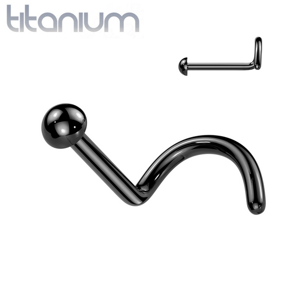 Implant Grade Titanium Black PVD Ball Top Corkscrew Nose Stud Ring Implant Grade Titanium Black PVD Ball Top Corkscrew Nose Stud Ring