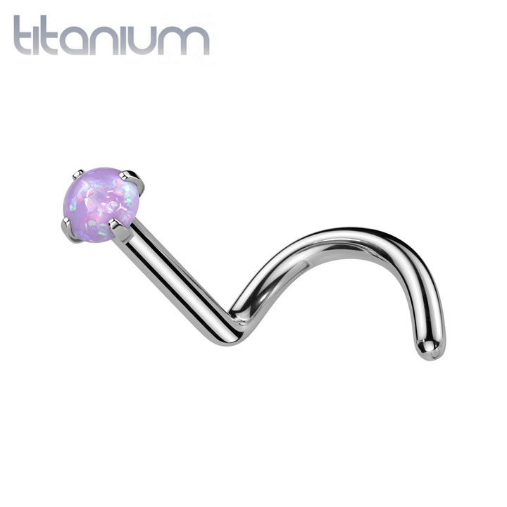 Implant Grade Titanium Corkscrew Nose Ring Purple Opal Stud With Prongs - Pierced Universe