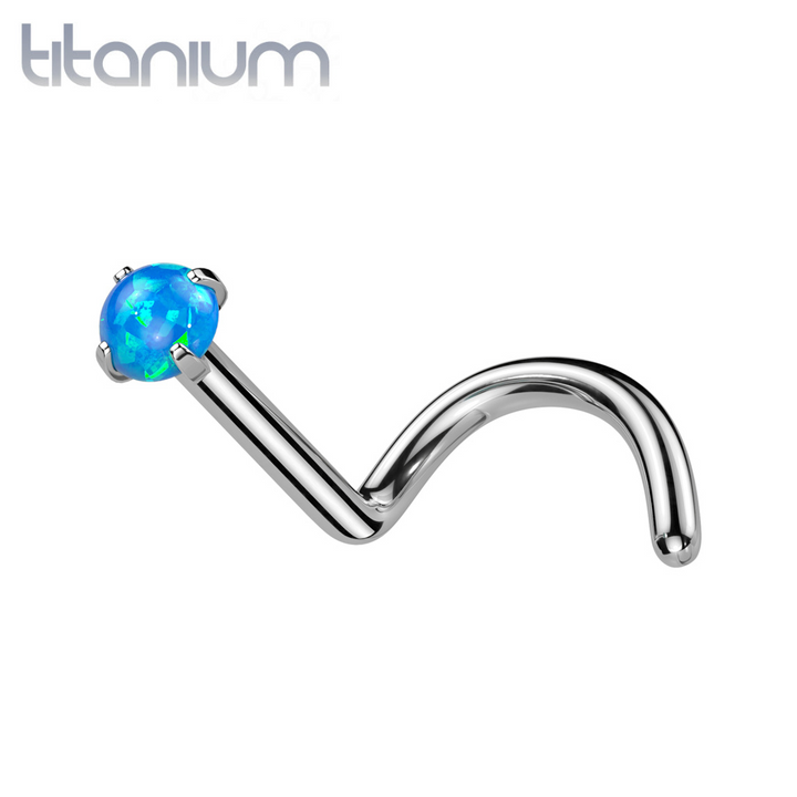 Implant Grade Titanium Corkscrew Nose Ring Blue Opal Stud With Prongs - Pierced Universe