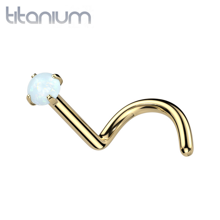 Implant Grade Titanium Gold PVD Corkscrew White Opal Nose Ring Stud - Pierced Universe