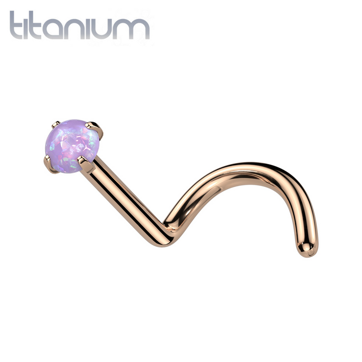 Implant Grade Titanium Rose Gold PVD Corkscrew Purple Opal Nose Ring Stud - Pierced Universe