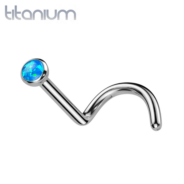 Implant Grade Titanium Corkscrew Nose Ring Stud with Blue Opal Gem - Pierced Universe