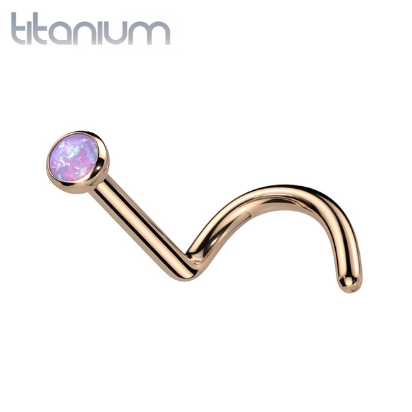 Implant Grade Titanium Rose Gold PVD Corkscrew Nose Ring with Purple Opal - Pierced Universe