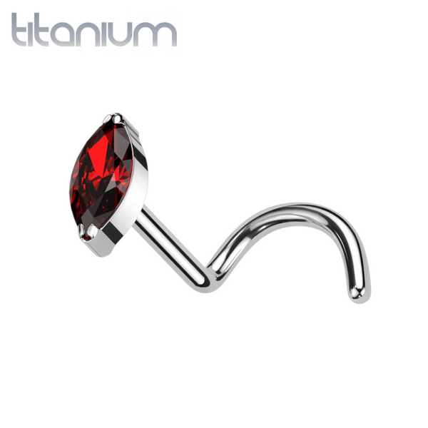 Implant Grade Titanium Red Marquise CZ Gem Corkscrew Nose Ring Stud - Pierced Universe