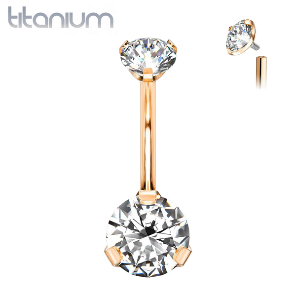 Implant Grade Titanium Internally Threaded Rose Gold PVD White CZ Prong Belly Button Navel Ring - Pierced Universe