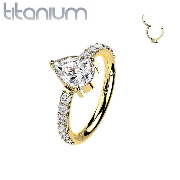 Implant Grade Titanium Rose Gold PVD White CZ With Pear Shaped Center Hinged Clicker Hoop Implant Grade Titanium Rose Gold PVD White CZ With Pear Shaped Center Hinged Clicker Hoop