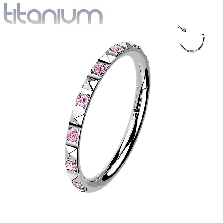 Implant Grade Titanium Ridged With Pink CZ Gems Hinged Hoop Clicker Ring - Pierced Universe