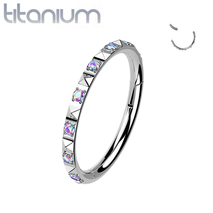 Implant Grade Titanium Ridged With Aurora Borealis CZ Gems Hinged Hoop Clicker Ring - Pierced Universe