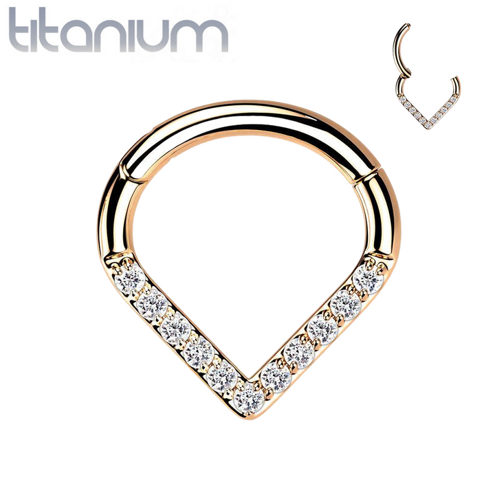 Implant Grade Titanium Rose Gold PVD V Shaped Septum Ring Clicker Hoop White CZ Gems - Pierced Universe
