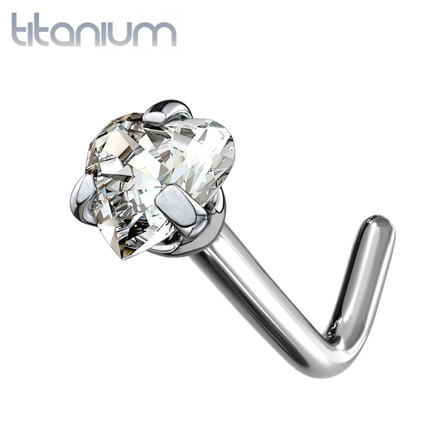 Implant Grade Titanium L Shape Heart CZ Prong Nose Stud - Pierced Universe