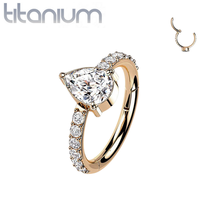 Implant Grade Titanium Rose Gold PVD White CZ With Pear Shaped Center Hinged Clicker Hoop - Pierced Universe